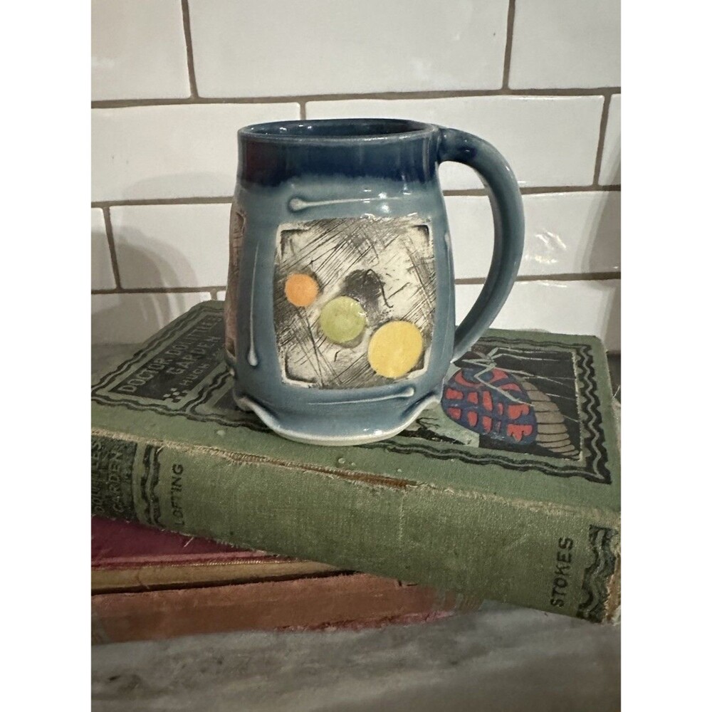 Studio Pottery Coffee Mug Blue Glaze Modernist Design Handle Signed
